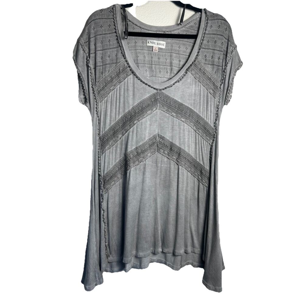 KNOX ROSE Women’s Gray Knit Top Tunic Lace Trim Short Sleeve Asymmetric Large